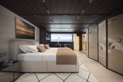 Luxurious yacht bedroom features a serene ocean view, elegant artwork, and a calming color palette.