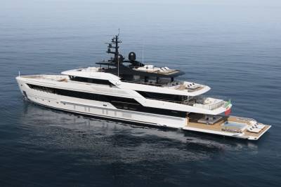 A luxurious superyacht glides through calm blue waters, featuring multiple decks, a swimming pool, and sun loungers.