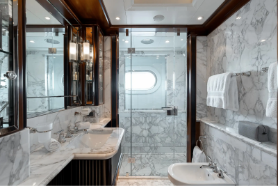 Luxurious marble adorns this yacht bathroom, featuring a sleek glass-enclosed shower and elegant fixtures.