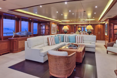 Luxurious yacht interiors offer a serene retreat with panoramic ocean views and elegant furnishings.
