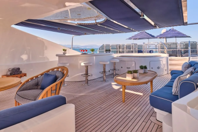 Relax and enjoy cocktails at the bar on this luxurious yacht deck with stunning ocean views.