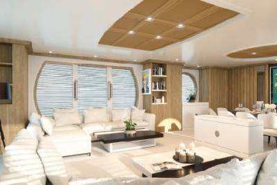 Luxurious yacht interior features a spacious, white sectional sofa facing a modern coffee table and a unique, oval-shaped window.