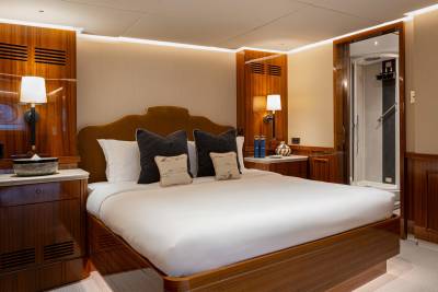 A luxurious and well-appointed bedroom with a large bed, wooden furniture, and warm lighting, creating a cozy and inviting atmosphere.
