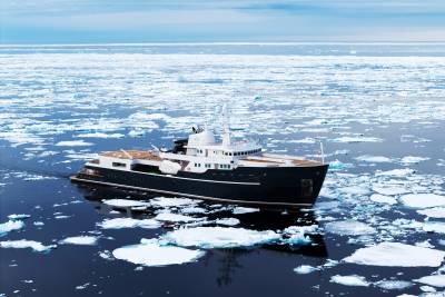 A large black ship navigates through the icy waters of the Arctic, surrounded by floating ice floes against a backdrop of a clear blue sky.