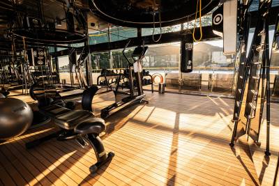 A well-equipped gym with various exercise equipment, including weight machines and exercise balls, set against a backdrop of large windows that allow natural light to flood the space.