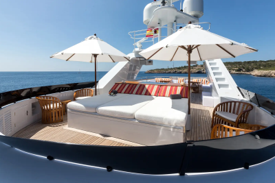 Two white umbrellas shade lounge chairs on a yacht's deck, with a rocky coastline visible in the background under a clear blue sky.