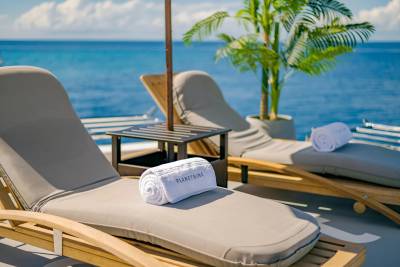 Two lounge chairs with rolled towels sit on a deck overlooking the ocean, with a palm tree in the background.