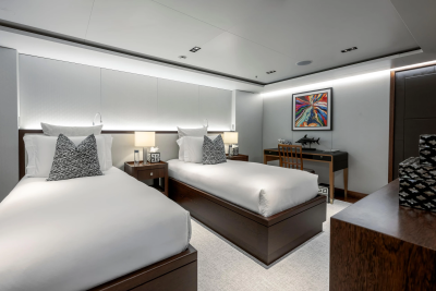 Two neatly made twin beds with patterned pillows occupy the foreground, while a desk with a colorful abstract painting above it is visible in the background.