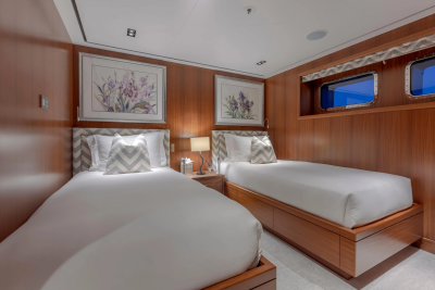 Two neatly made twin beds with chevron patterned pillows fill the foreground, while framed floral artwork and windows showing a dark sky adorn the wood-paneled background.