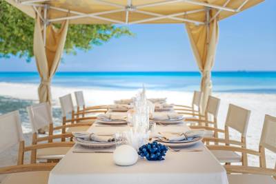 A beautifully set dining table on a white sand beach is framed by a canopy, with the turquoise ocean and clear blue sky in the background.