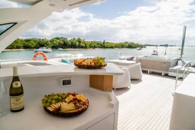 A cheese and fruit platter and a bottle of wine are set on a yacht's deck, with a tropical coastline and boats visible in the background.