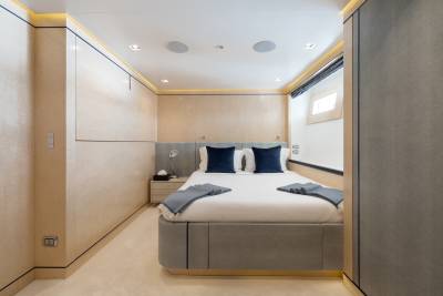 A neatly made bed with blue pillows and grey throws sits in the foreground of a modern, well-lit bedroom with light wood paneling and a window in the background.