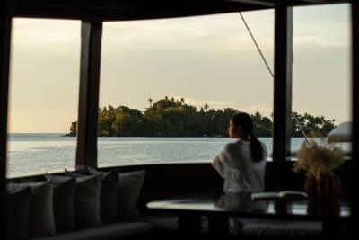 A woman in the foreground gazes out at a lush, tropical island in the background across a calm sea.