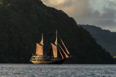 A traditional wooden sailing ship with reddish-brown sails glides across calm blue water in front of a lush, dark green, tree-covered mountain.