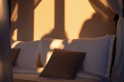Sunlight casts a patterned shadow across a textured wall behind a neatly made bed with white and brown pillows.