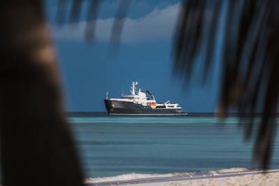 A dark yacht floats on turquoise water under a deep blue sky, framed by the blurred fronds of palm trees in the foreground.