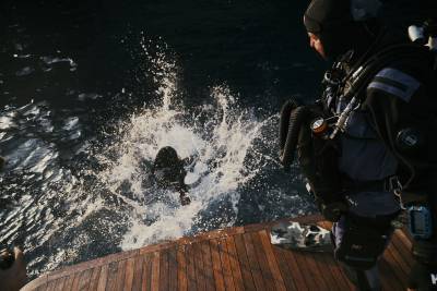 A diver in full gear stands on a wooden deck in the foreground, watching another person splash into the dark water in the background.