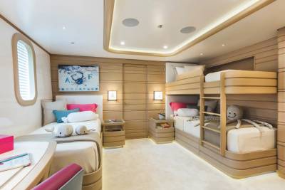 A modern bedroom features a single bed and a desk in the foreground, with bunk beds and light-wood paneled walls in the background.