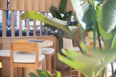 Large green tropical leaves frame the foreground of a bright cafe featuring a round wooden table and chairs set against a slatted wooden wall.