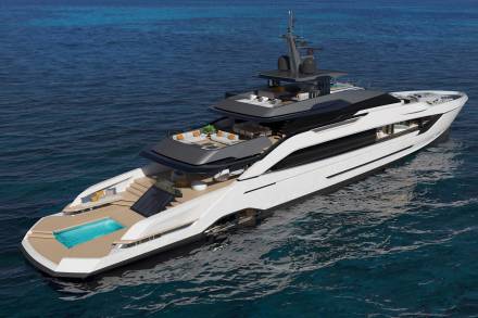 This luxurious yacht boasts a sleek design, multiple decks with seating areas, and a stunning infinity pool at its bow.