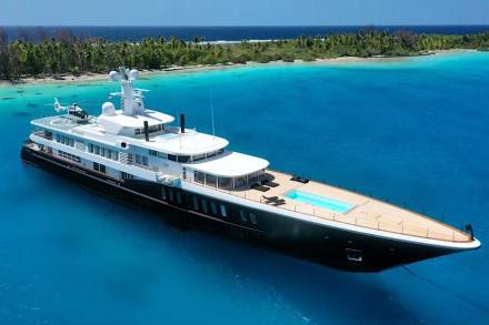 A luxurious superyacht with a helipad and swimming pool anchors in the crystal-clear turquoise waters near a tropical island.