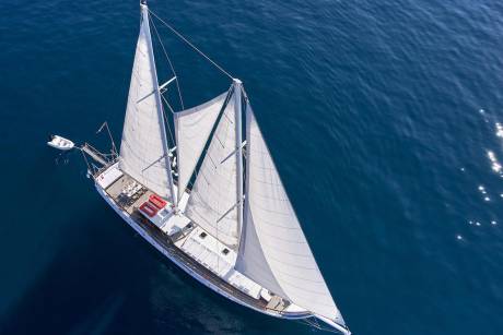 A majestic white sailboat glides across the deep blue ocean under a bright sunny sky.