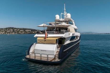 A large, dark blue yacht with white accents is anchored in calm blue water, with a lush green coastline dotted with buildings in the background under a clear sky.