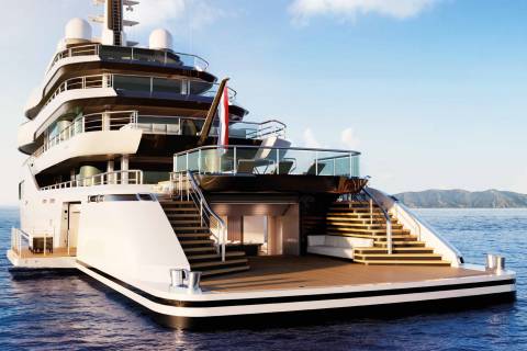 This luxurious superyacht boasts multiple levels of open-air decks and elegant interiors, perfect for a serene ocean escape.