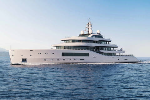 A sleek white superyacht glides through calm blue waters under a clear sky.