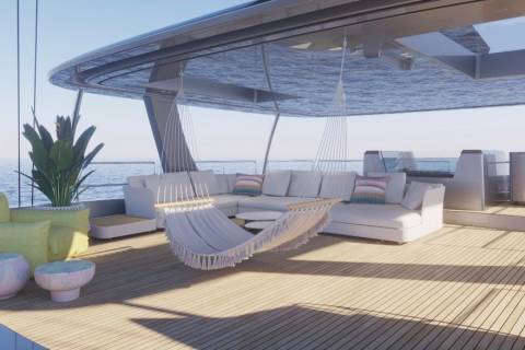 Relax in a chic outdoor lounge on a luxury yacht, complete with a hammock and plush seating overlooking the serene ocean.