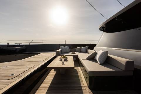 Relax on the spacious deck of this luxury yacht, enjoying the sun and sea breeze.