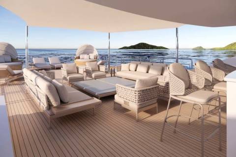 Relax in luxurious comfort on the spacious deck of this yacht, surrounded by the serene beauty of the ocean.