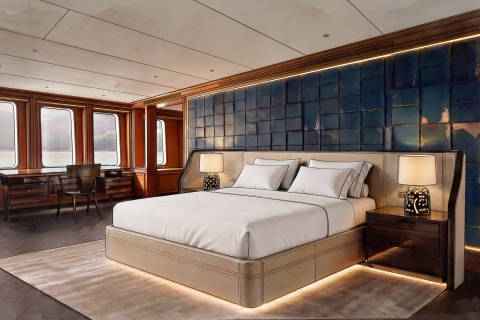 A luxurious bedroom with a plush bed in the foreground and large windows overlooking a serene landscape in the background.