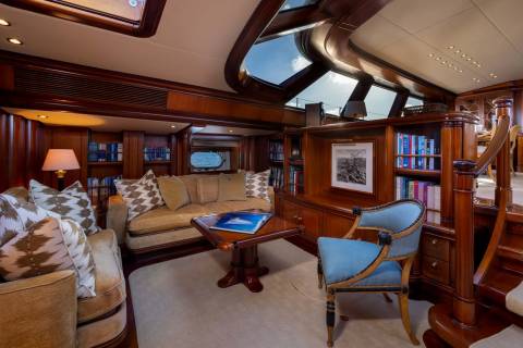 A cozy, wood-paneled library lounge with plush seating and bookshelves is illuminated by natural light streaming through a curved skylight.
