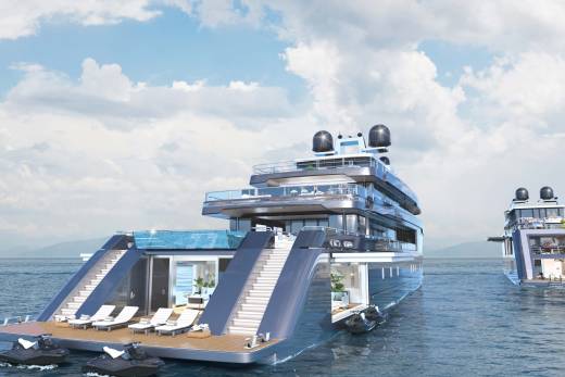 A large, luxurious yacht with multiple decks and amenities sits on the calm, blue waters, surrounded by a picturesque sky with fluffy white clouds.