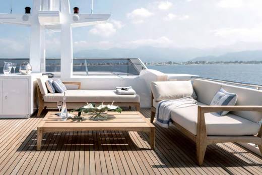 Relax on the luxurious deck of a yacht, enjoying the serene ocean views and a stylish outdoor seating area.