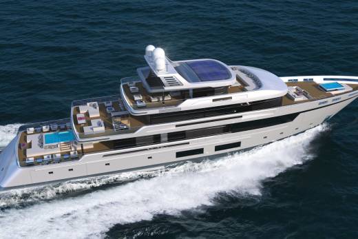 A luxurious superyacht glides through the deep blue ocean, its decks adorned with plush seating and a sparkling swimming pool.