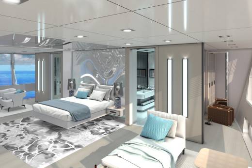 Luxurious yacht interiors offer serene ocean views from spacious suites with elegant furnishings.