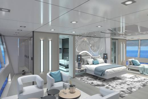 Luxurious yacht interior features a serene bedroom with ocean views and a modern en-suite bathroom.
