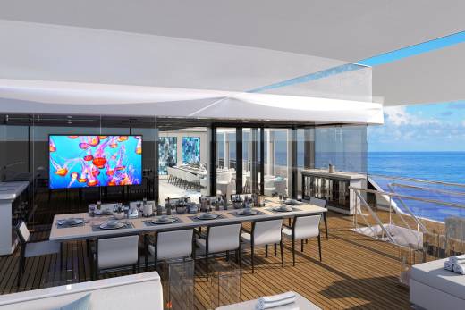 Dine al fresco on this luxurious yacht's deck, surrounded by the stunning blue ocean and vibrant jellyfish art.