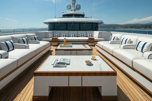 Luxurious white sofas and marble tables create an inviting outdoor lounge on this elegant yacht deck.