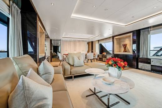 Luxurious yacht interiors blend modern design with comfortable seating and elegant decor.