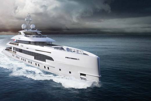 A sleek white yacht cuts through the dark, choppy waters under a dramatic, cloudy sky.