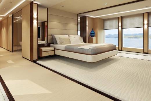 Luxurious yacht bedroom offers breathtaking ocean views and serene, modern design.