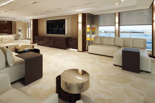 Luxurious yacht interiors offer breathtaking ocean views from plush seating areas and elegant entertainment spaces.