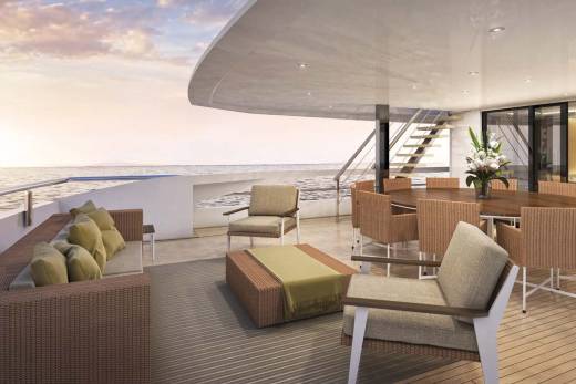 Enjoy a serene sunset from the luxurious deck of this yacht, complete with comfortable seating and an elegant dining area.