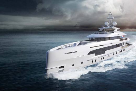 A sleek white superyacht cuts through dark, choppy waters under a dramatic, cloudy sky, with a lighthouse visible in the distance.