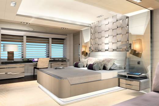 Luxurious modern bedroom with a sleek design, featuring a large bed, stylish headboard, and a well-lit desk area.