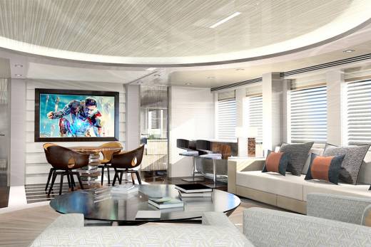 Relax in this luxurious yacht lounge, complete with a large screen for entertainment and comfortable seating.