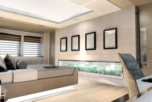 Luxurious yacht interior features a modern bedroom with sleek furniture, ambient lighting, and decorative candles displayed on a shelf.